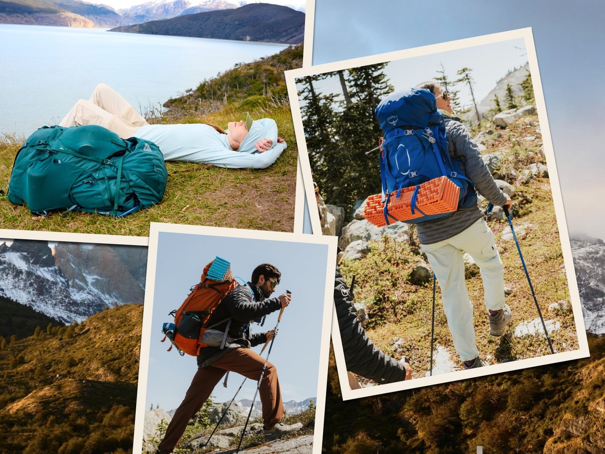 Photo collage of backpackers hiking mountain trails and resting in camp with their gear.