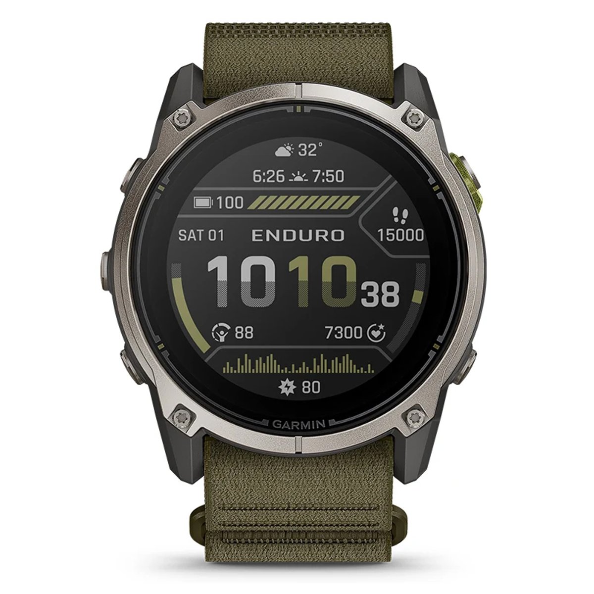 The Garmin Enduro 4 shows its stats view, including the time, steps, heart rate, and more.