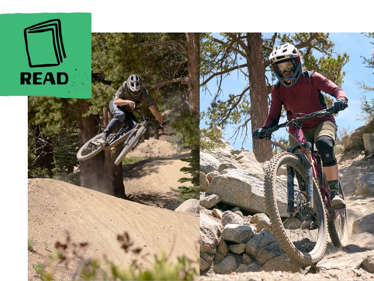 A pair of mountain bikers climb a granite-gravel trail on a steep mountain side above the treeline. Below them, a dense forest of pine trees covers a rolling ridge line, and even further beyond are the calm blue waters of Lake Tahoe and a band of snow-capped mountains. In the top left corner, a green graphic with a book icon that includes the word "READ."