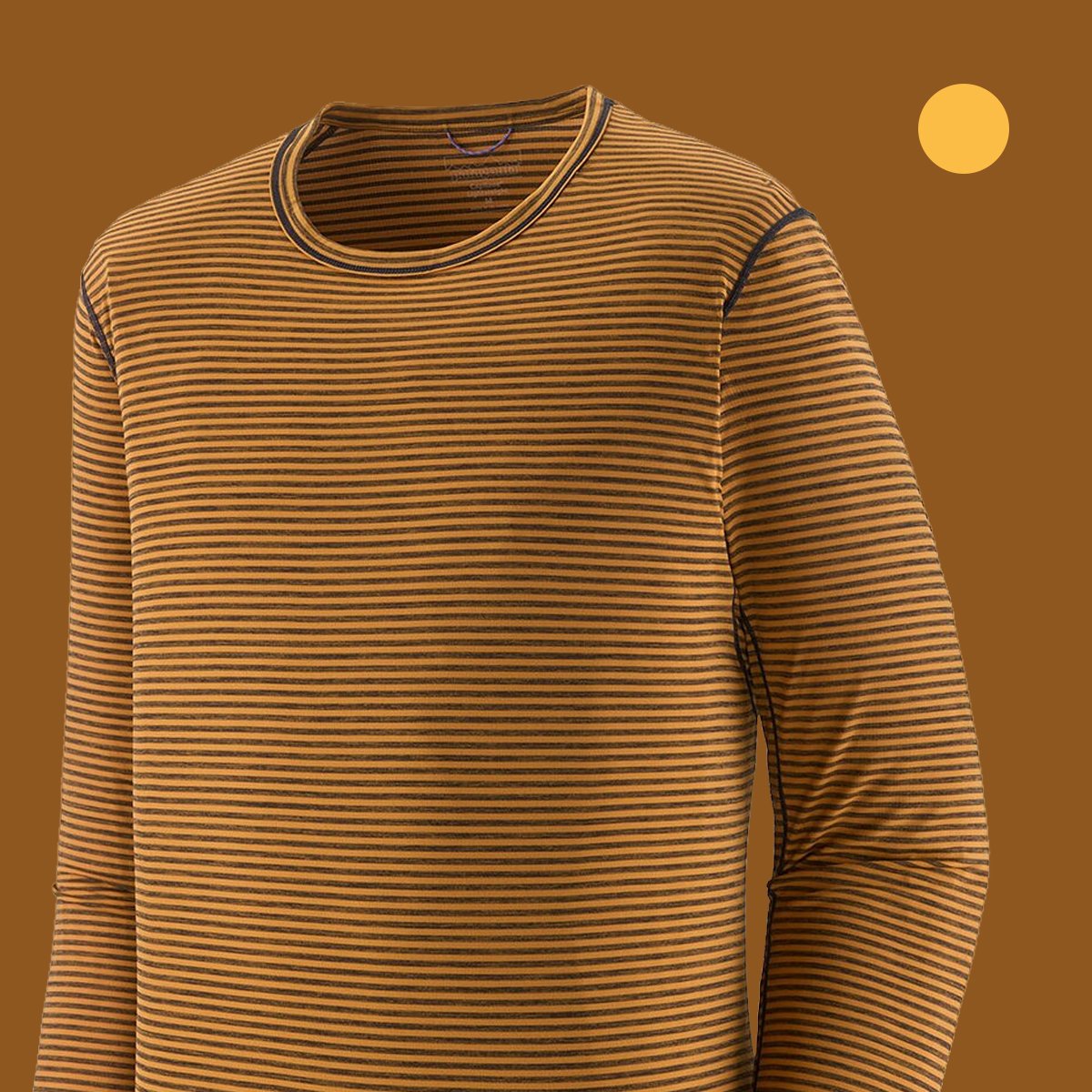 Close-up of a brown and navy striped long-sleeve crew-neck baselayer top, showing the collar and shoulder seam, on a mustard background with a yellow colorway swatch.