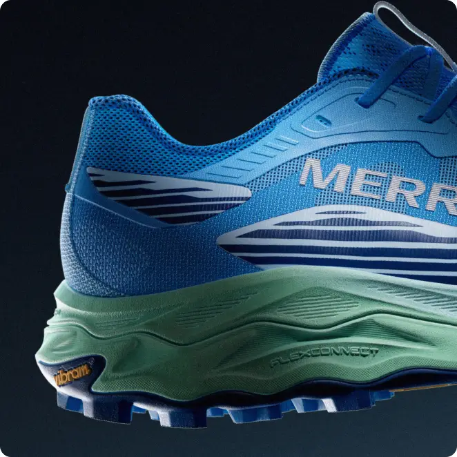 Side profile of the heel amd mid section of Merrel Agility Peak 6 trail shoe. 