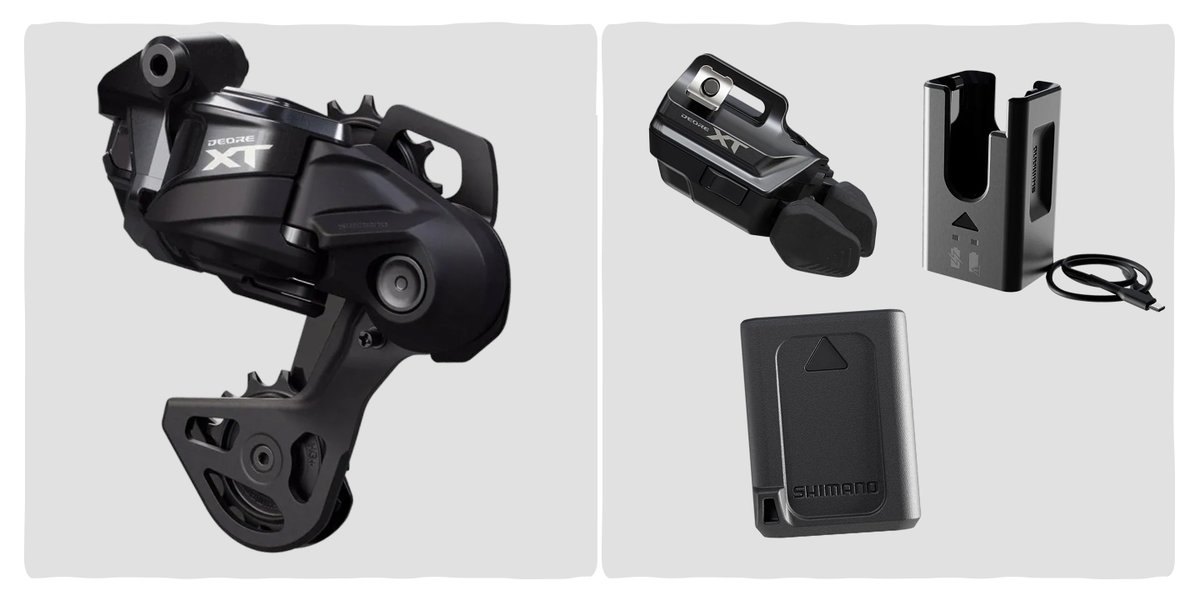 A derailleur, shifter, and power pack, all pieces of the Shimano drivetrain upgrade.