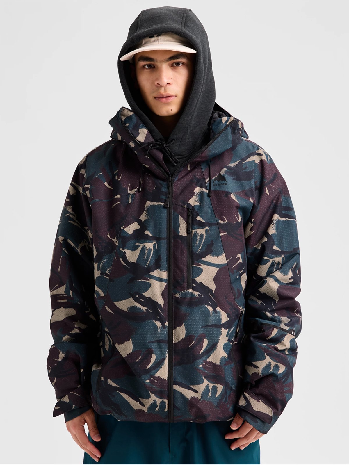 Young man wearing a multi-color camouflage windbreaker jacket with black hood and white visor cap against a light background.