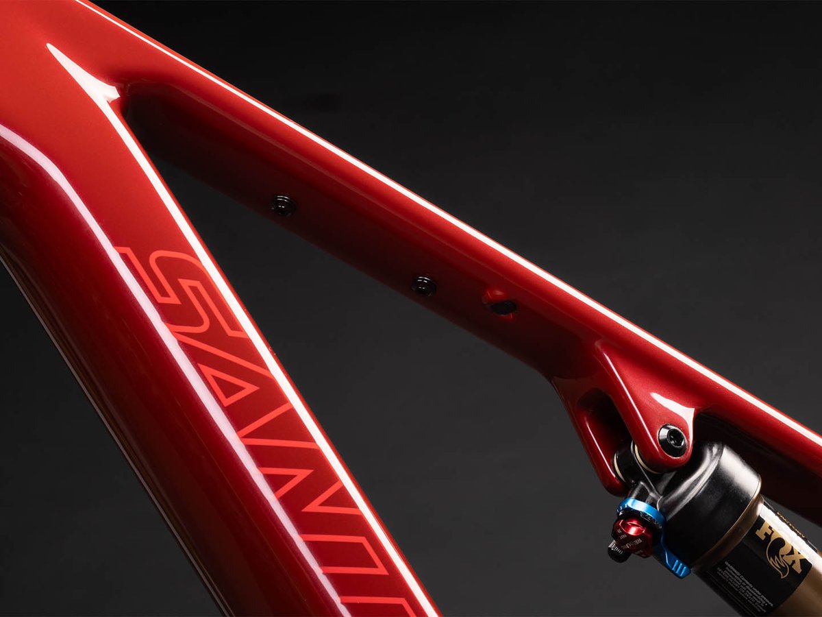 Detail of a Santa Cruz Blur accessory mount screws on top tube.