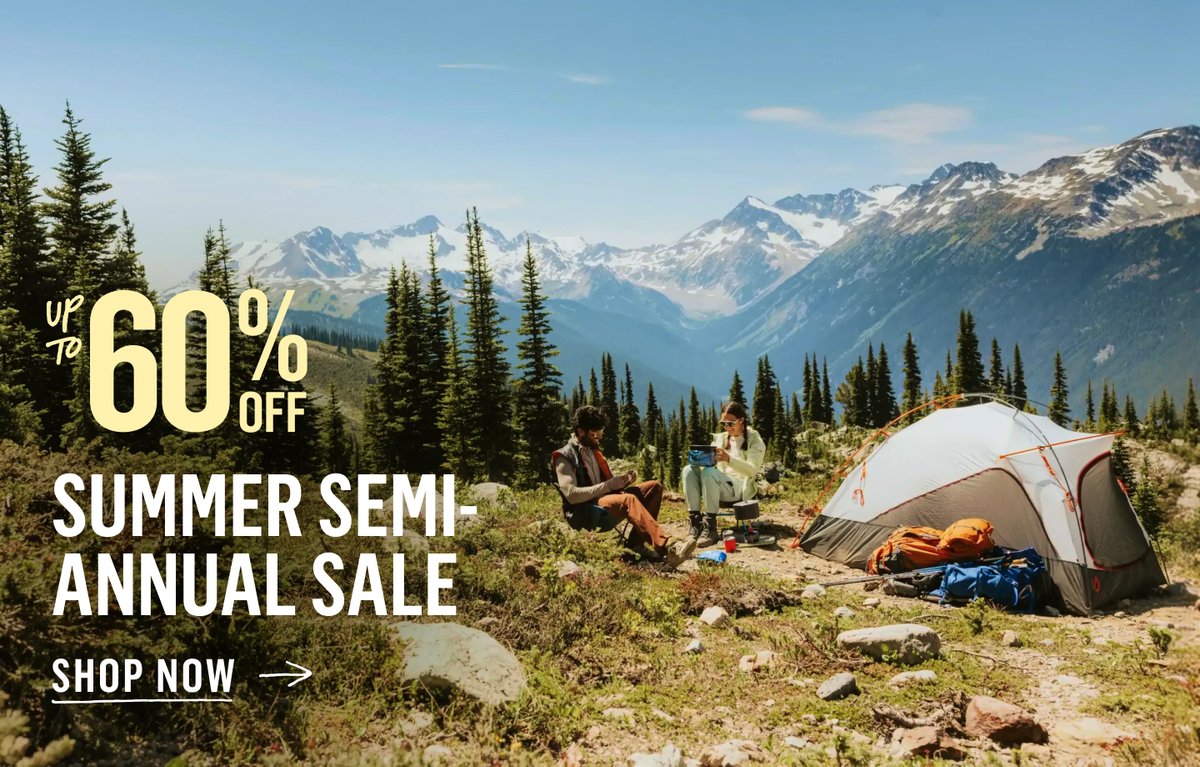 Up to 60% off Summer Semi Annual Sale — camping scene with tent, mountains, and forest. Shop now.