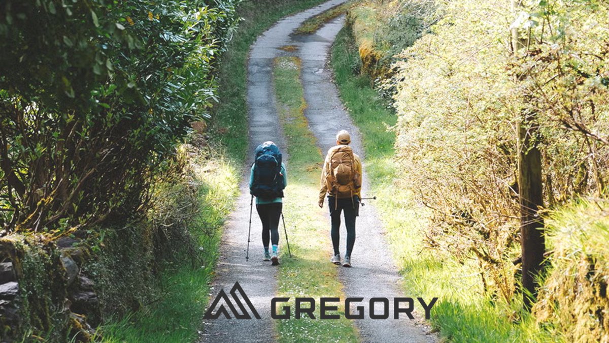Two hikers wearing backpacks walk along a tree-lined dirt path surrounded by lush green vegetation.