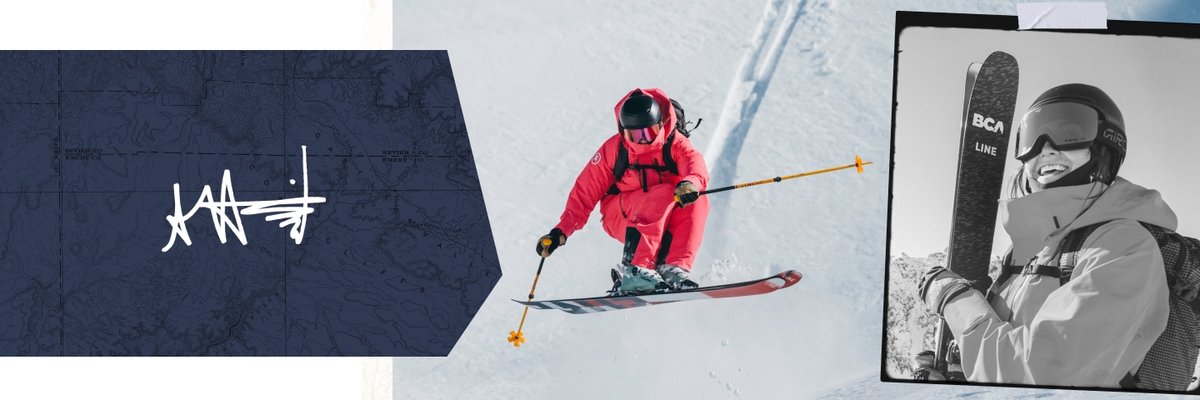 A skier in a bright pink Cottonwoods Kit jumps with style. On the left is a blue panel with a stylized white signature, and on the right is a black-and-white photo of a Ana smiling at a ski resort.