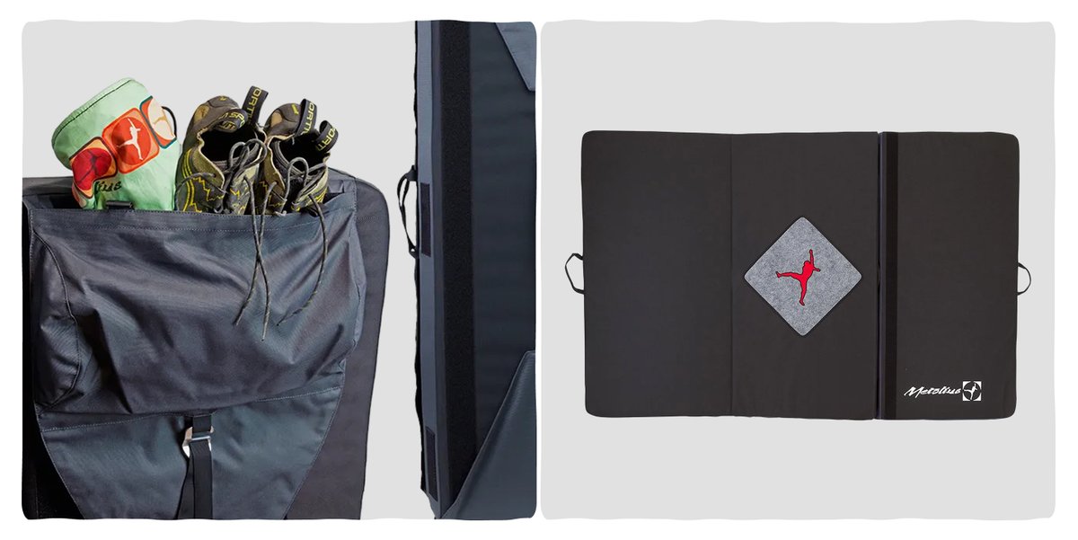 A tri-fold crash pad that features a gear holding pouch on it’s exterior. 