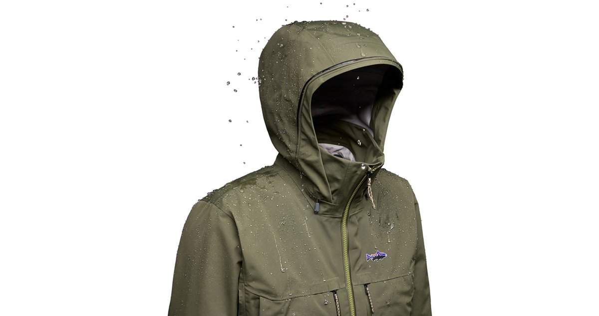 A chest-up view of the Patagonia Swiftcurrent Jacket, highlighting its waterproof fabric. 