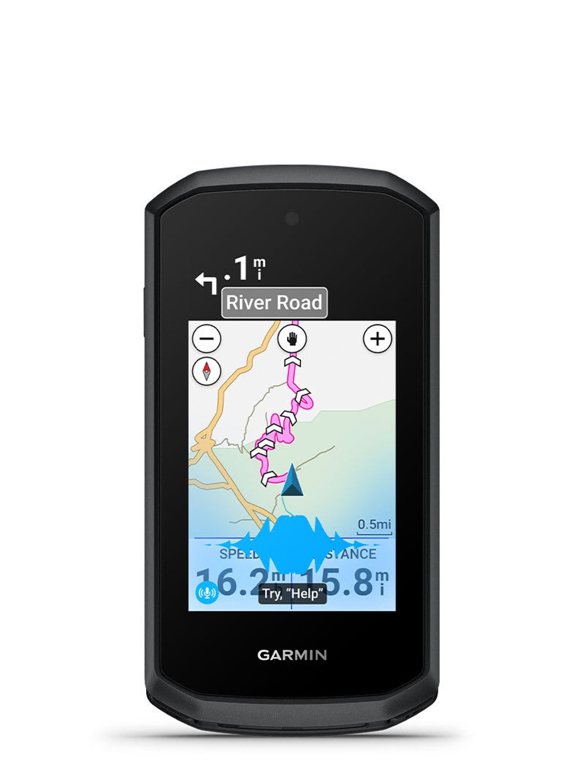 Edge Explore 3 Plus showing a map with a voice command prompt