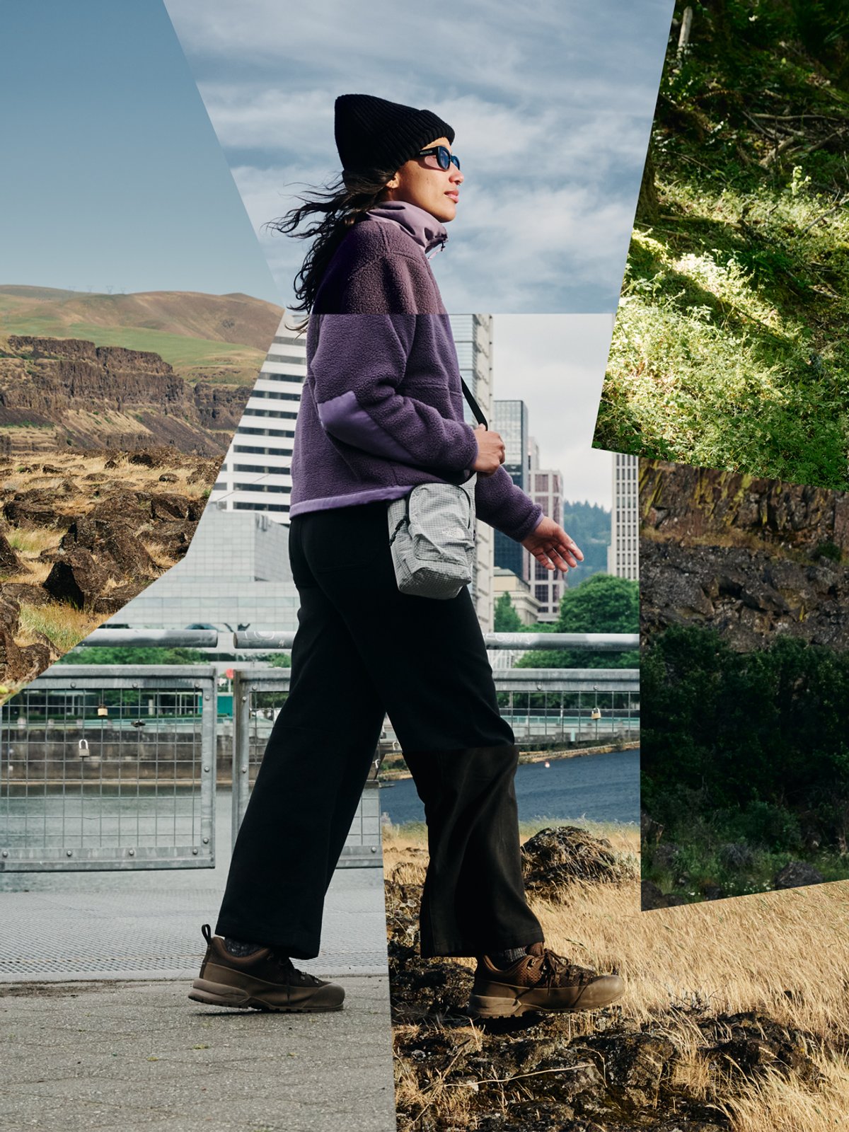 A woman walks, wearing The North Face fleece, against a collage background of different areas, such as a city, forest, and rocky plain.