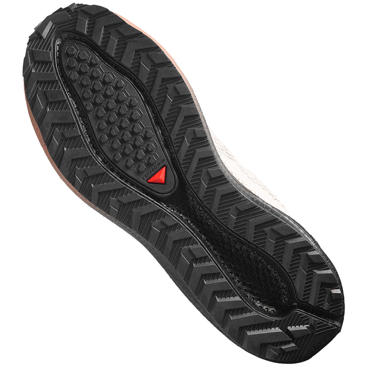 Flat-lay outsole view of Salomon Aero Blaze 4 GRVL GTX showing Gravel ContaGRIP tread pattern and lug geometry