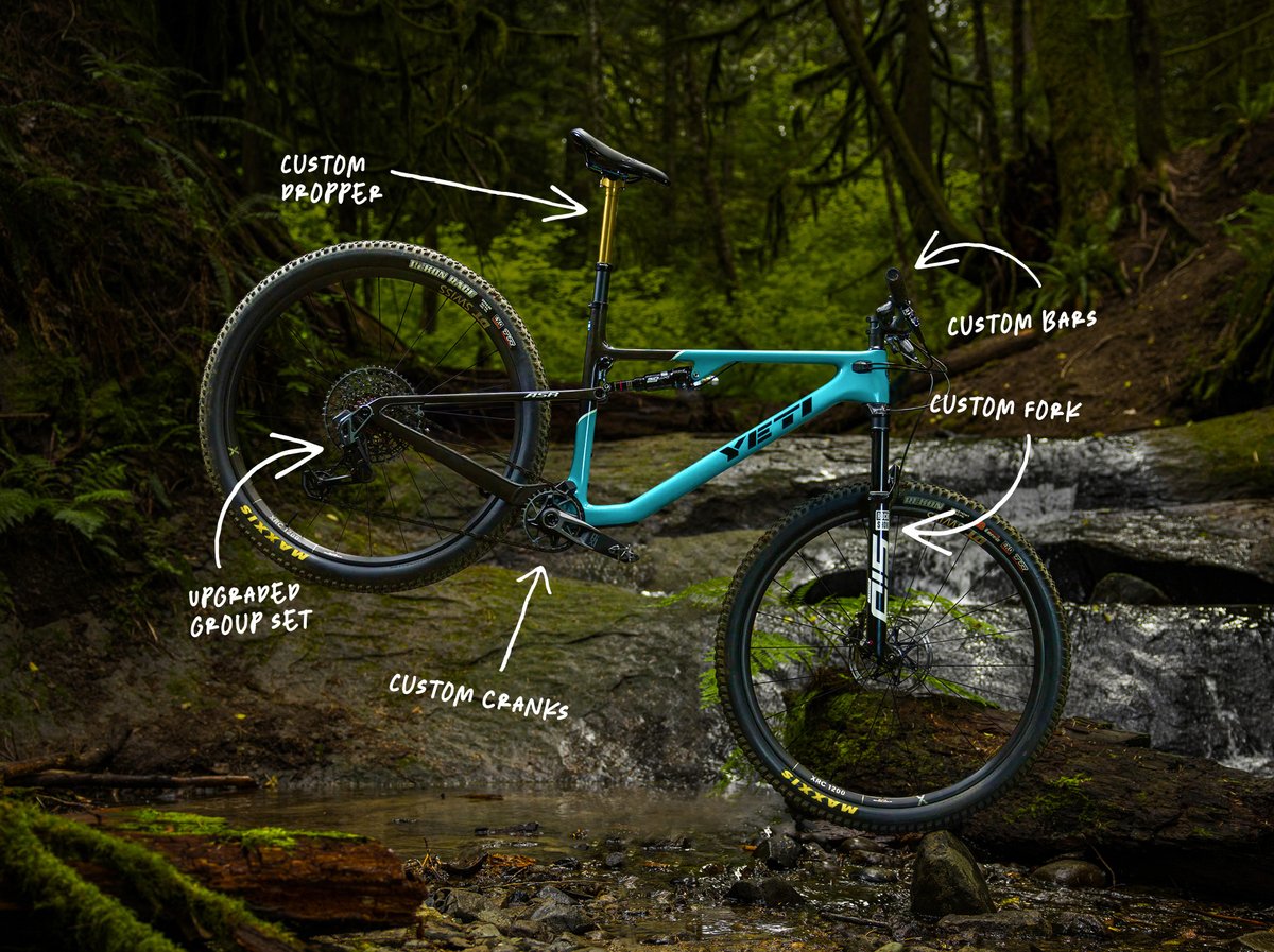 A turquoise mountain bike floating in mid air, surrounded by handwritten notes like “custom fork” and “upgraded group set” with arrows pointing to different parts of the bike.