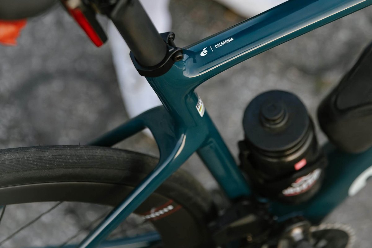 Close-up of a road bike saddle and seatpost.