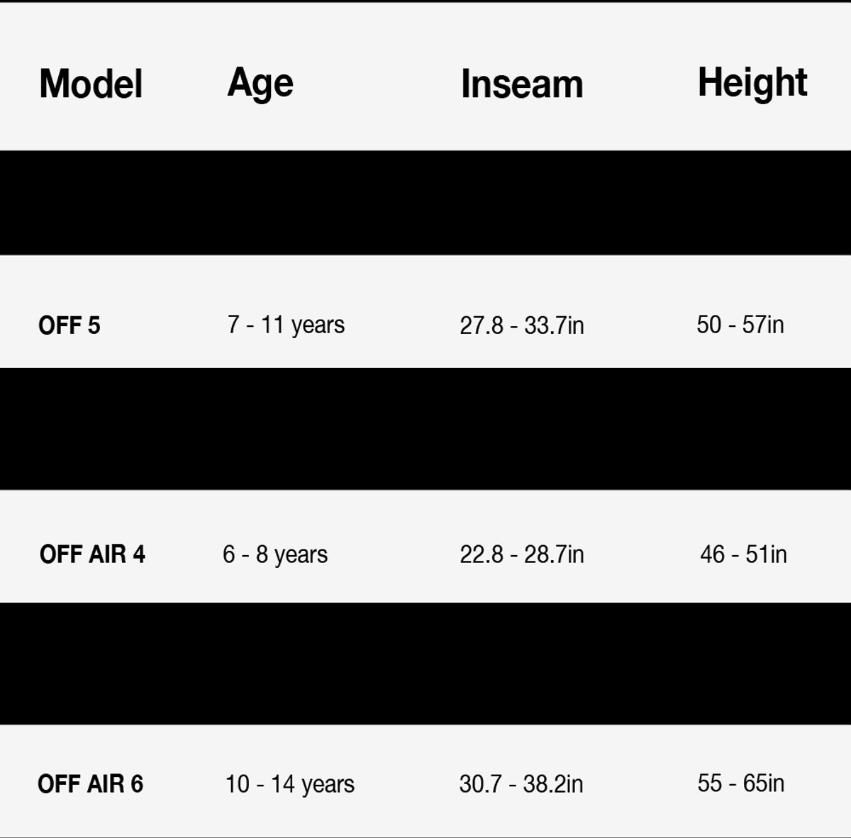 Size chart for Off/Off Air mountain bike models.