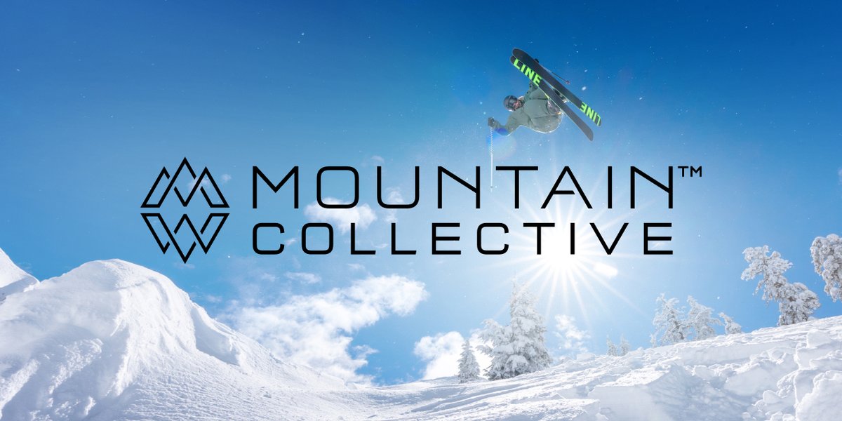Skier airborne with crossed skis above a snowy slope with frosted trees and a sunburst, featuring the Mountain Collective logo.