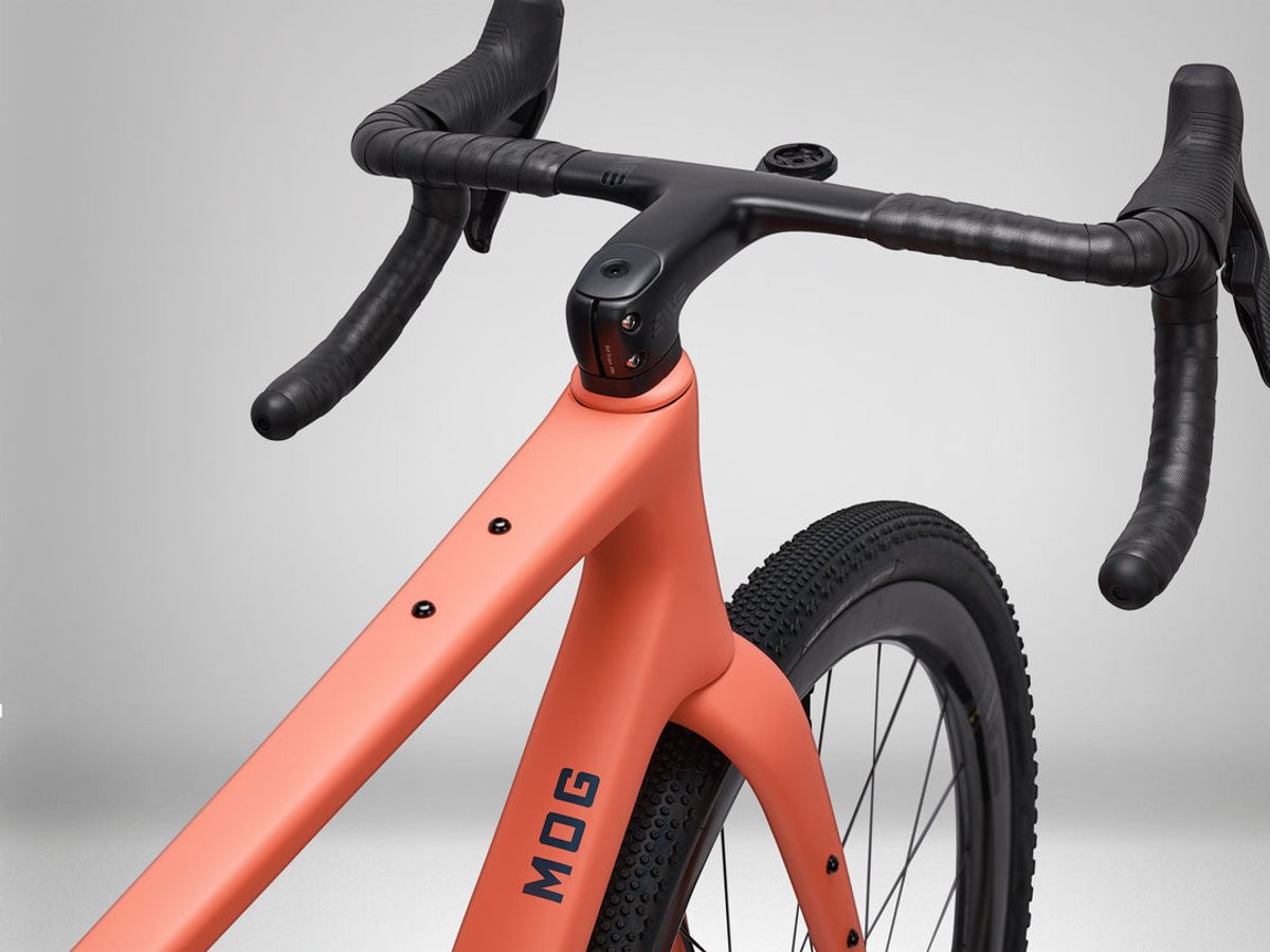 ENVE MOG carbon gravel bike cockpit and head tube in Coral colorway