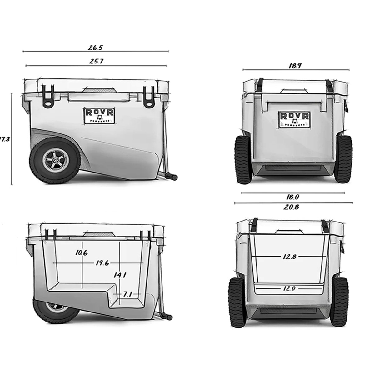 Technical diagram of the RovR RollR wheeled cooler with side and front views, showing exterior and interior dimensions. Exterior measurements include approximately 26.5 inches wide, 17.3 inches tall, and about 20.8 inches deep, with an 18.9-inch lid width. Interior storage measurements are labeled at about 19.6 inches wide, 14.1 inches tall, 12 inches deep, with a stepped interior section measuring about 7.1 inches near the wheel well. The diagram also shows the large all-terrain wheels, tow handle, lid latches, and interior shape.