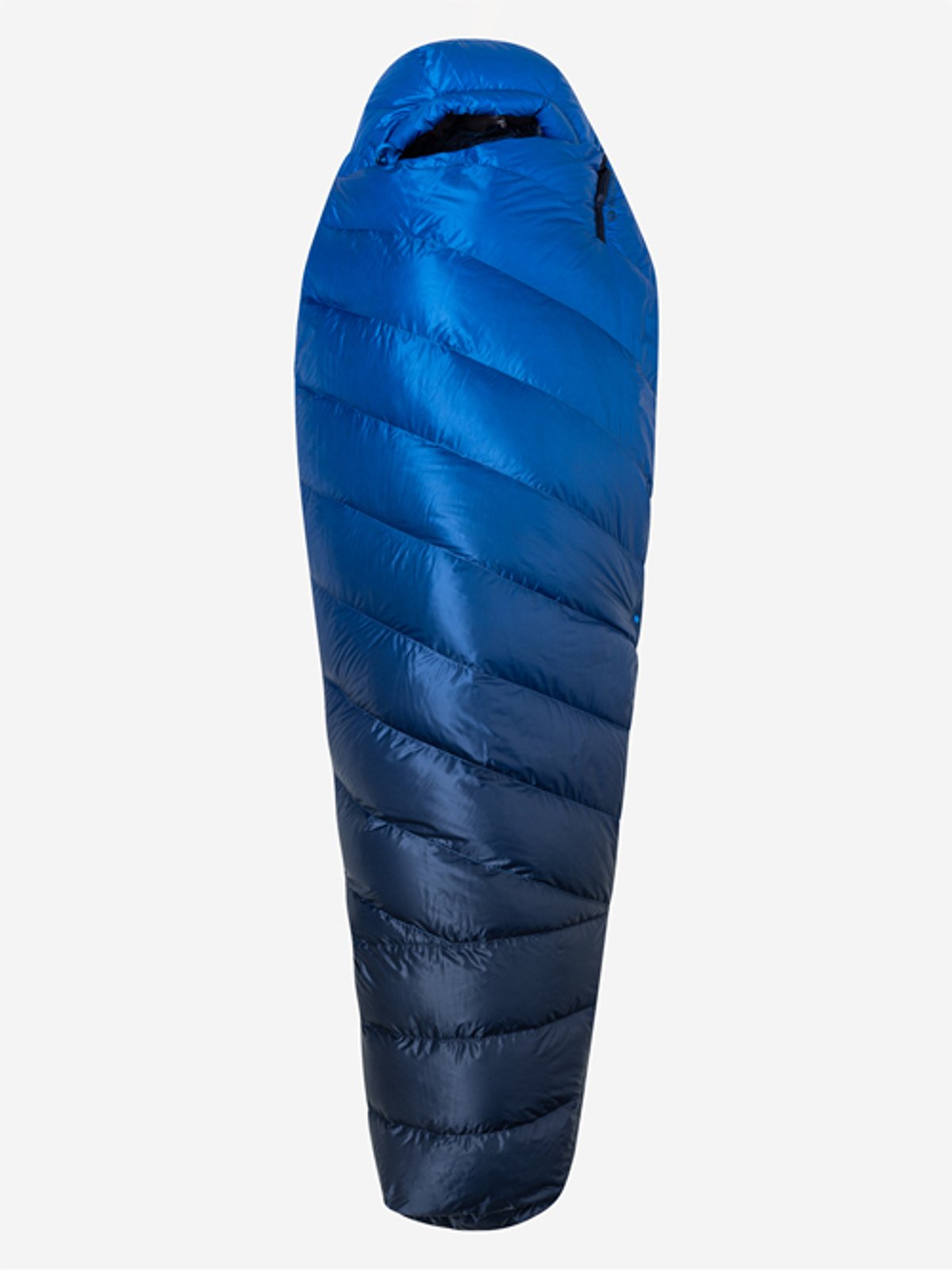 A full shot of a blue Mamrmot Wraptor down insulation sleeping bag