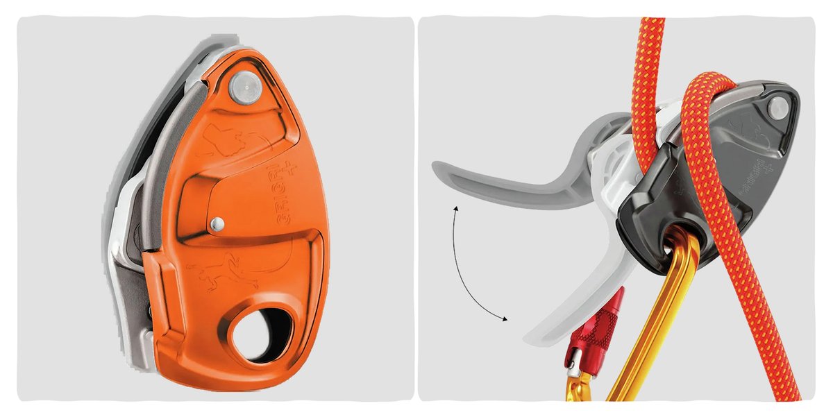 An orange camming belay device, depicted using it’s lowering function.