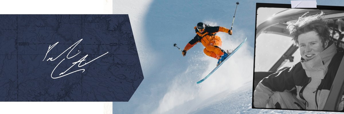 A skier in an orange and black Cottonwoods LT kit midway through a jump. On the left is Parkin’s signature, and on the right is a black-and-white photo of Parkin smiling beside a helicopter.