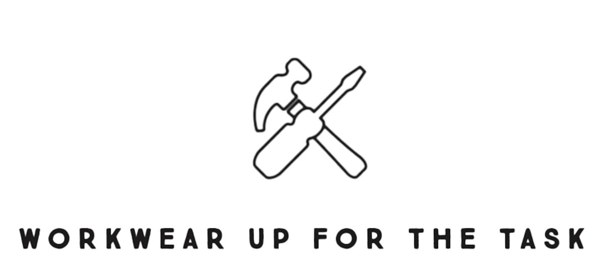 Icon graphic showing hammer and screwdrive saying "Workwear up for the task".