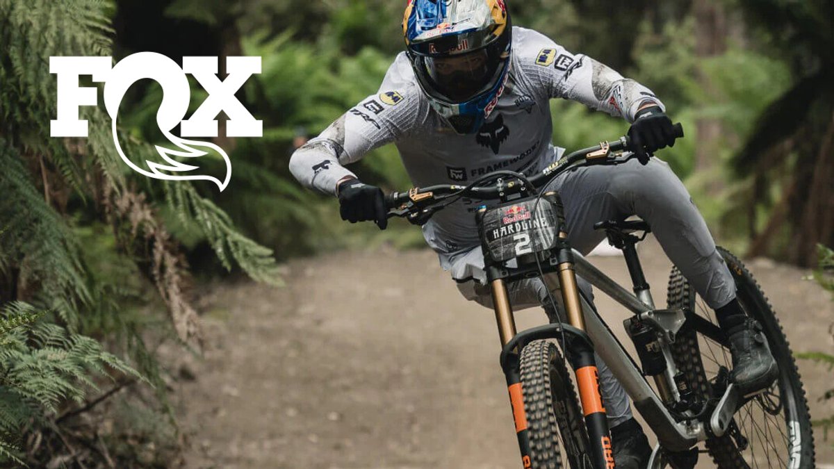 Professional mountain biker riding a downhill bike on a forest trail wearing Fox Racing gear and protective equipment.