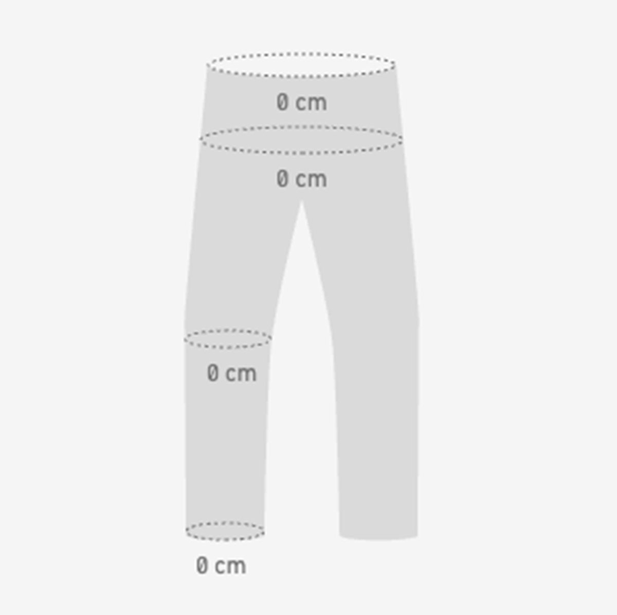 A pair of pants with 0 cm around the waistband, 0 cm around the crotch, 0 cm around the knee, and 0 cm around the cuff.