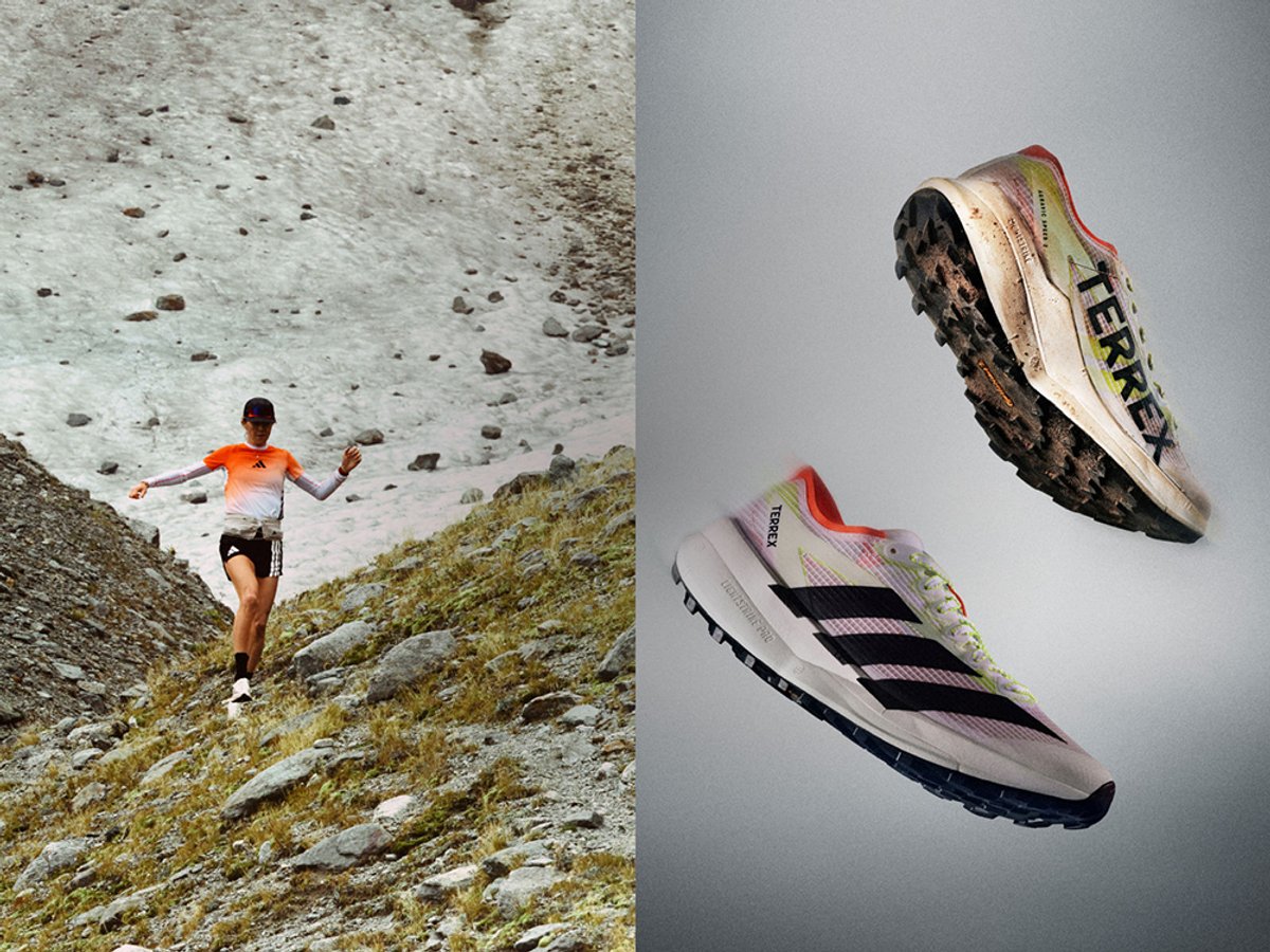 Split image of woman running on a rocky trail and a pair of Aiddas shoes foating.