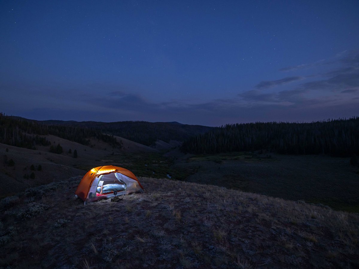 A Copper Spur UL mtnGLO tent at night, illumination on