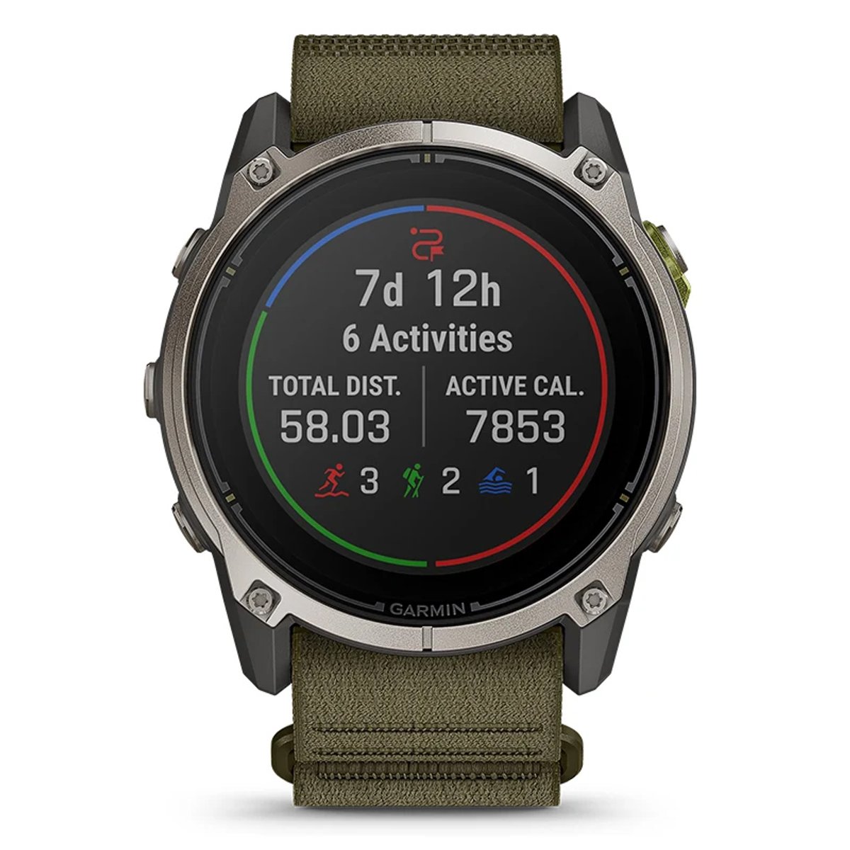 The Garmin Enduro 4 shows a stats screen, displaying days, hours, number of activities, total distance, active calories, and activity types.