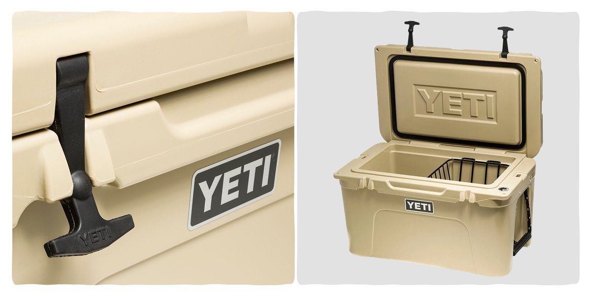 A rugged beige cooler the YETI logo.