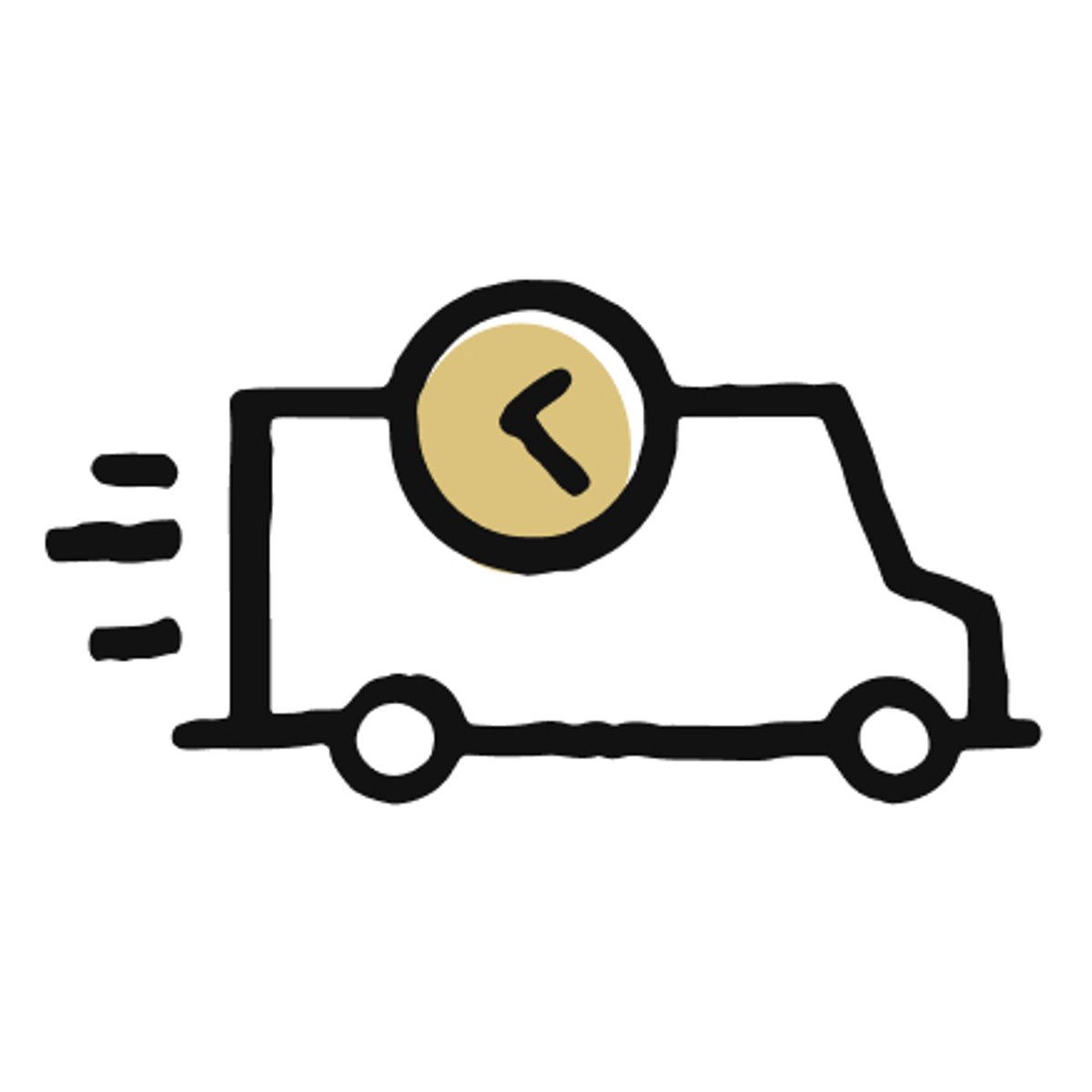 Illustrated delivery van with a clock on its side and speed lines trailing behind.