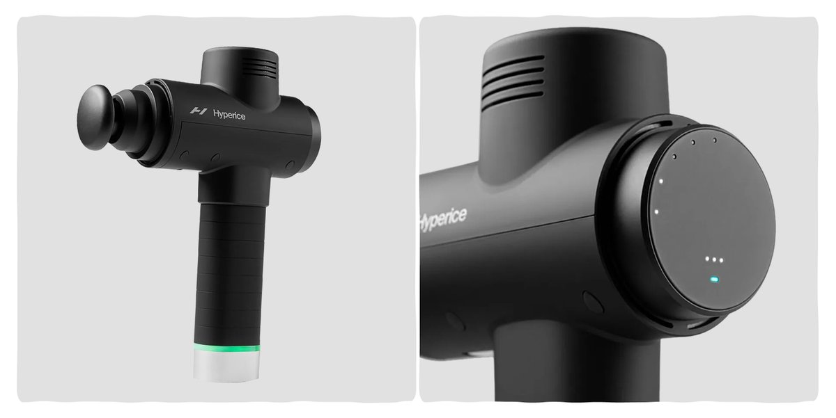 A black Hyperice handheld massager in two views: the left side displays the device with its massage head attachment, while the right side provides a close-up of the control dial and LED indicator lights on the back of the device.