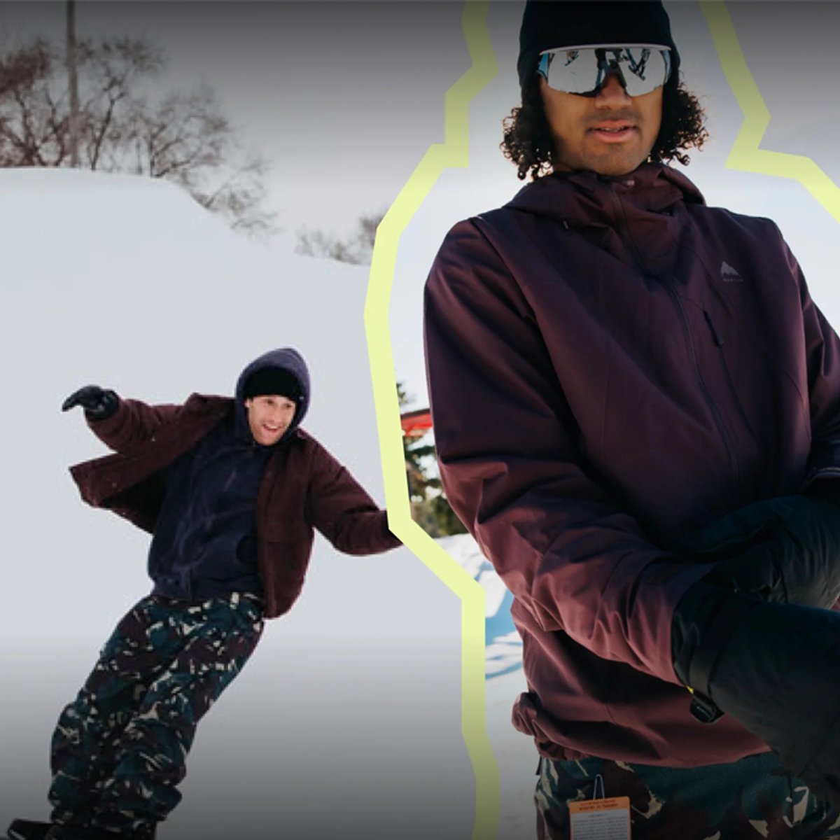 Two snowboarders wearing burgundy and navy winter jackets with matching patterned snow pants pose on a snowy mountain slope.