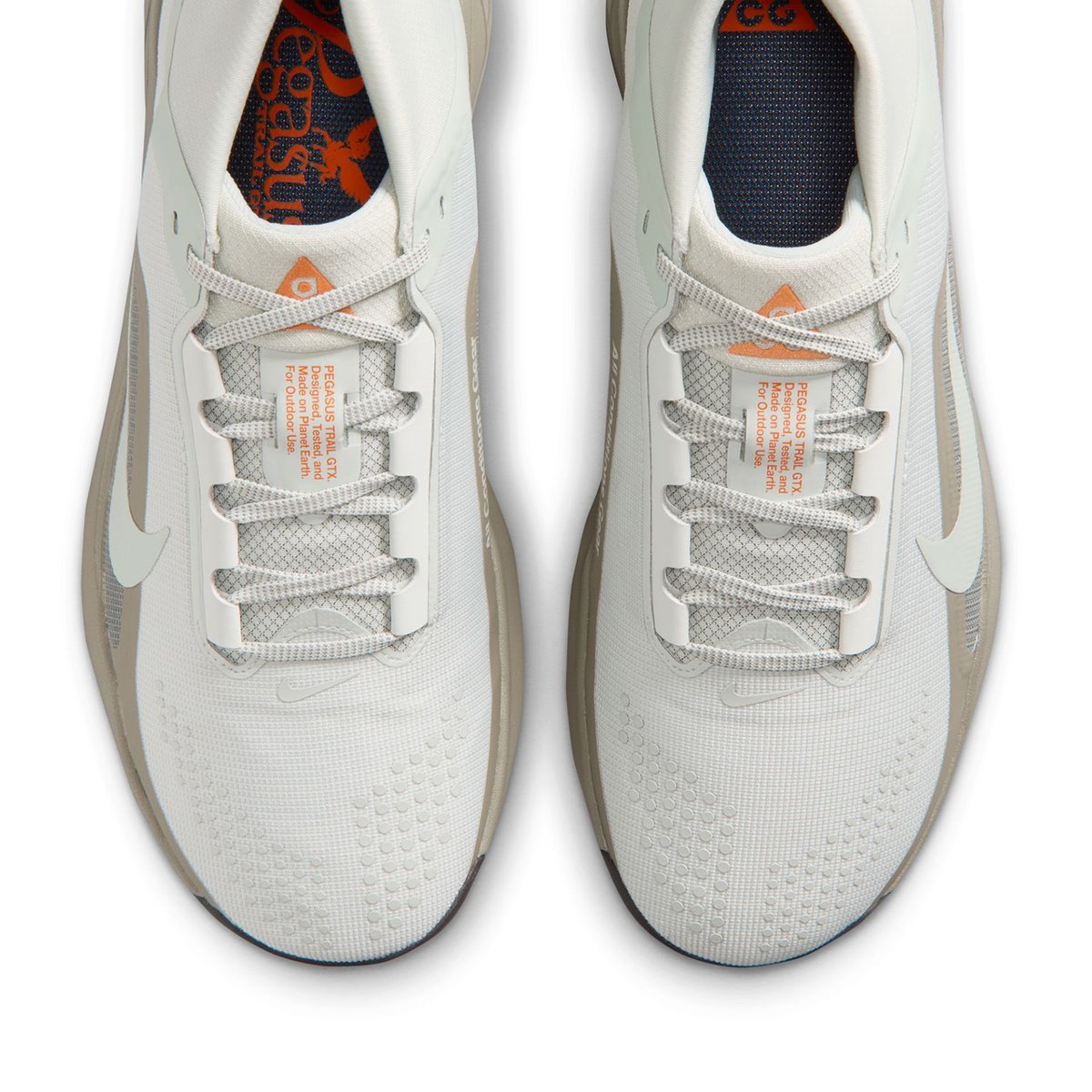 Overhead view of both Nike ACG Pegasus Trail GTX shoes, showing the toe caps and "Pegasus Trail GTX" tongue print.