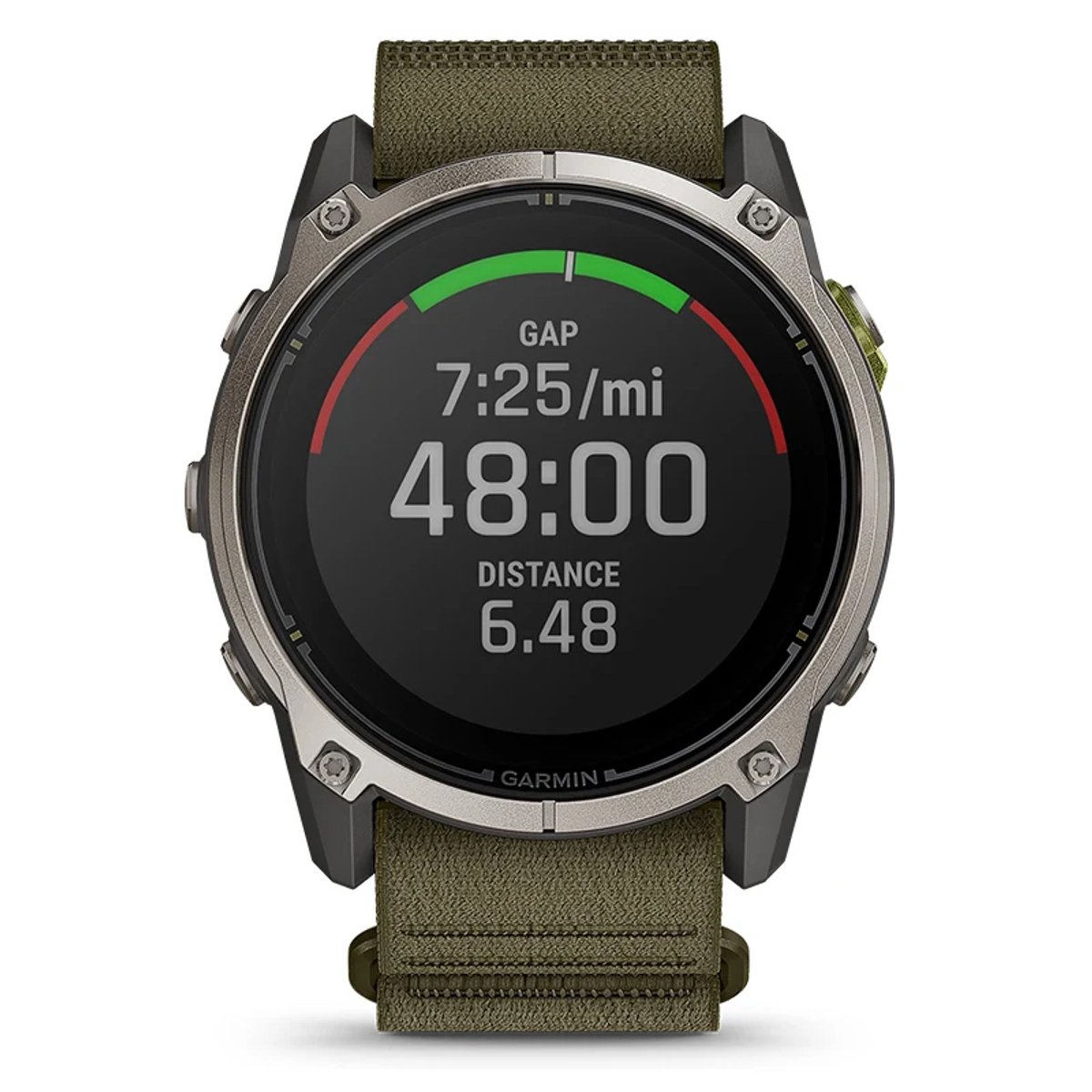 The Garmin Enduro 4 watch face shows 7:25 per mile, 48 total minutes, and a distance of 6.48 miles.