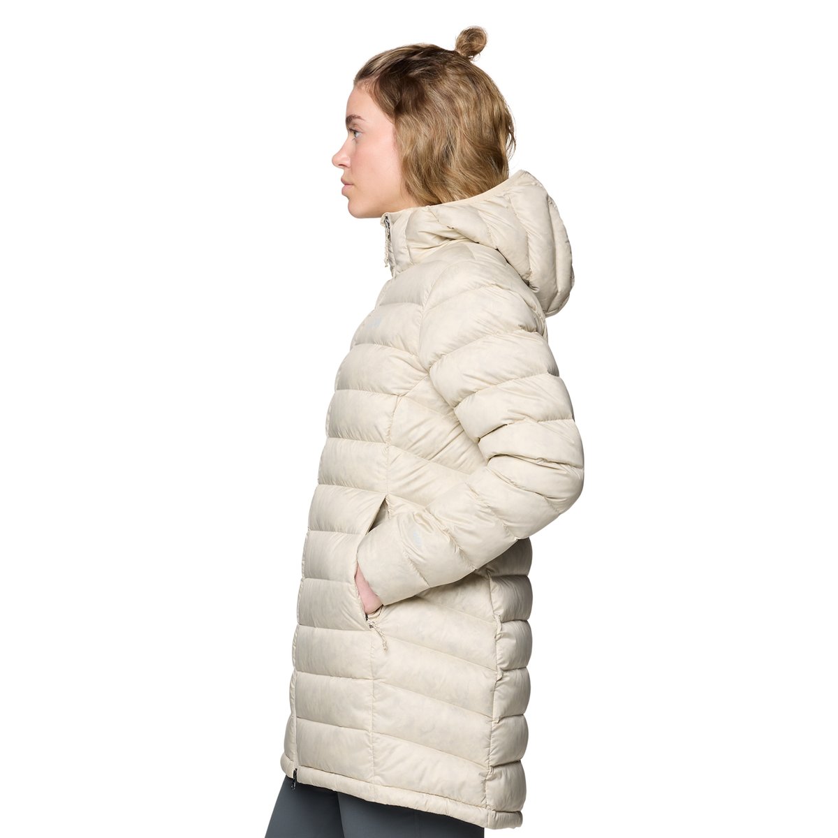 A side view of the zippered pockets in the Tiberondack Down Parka