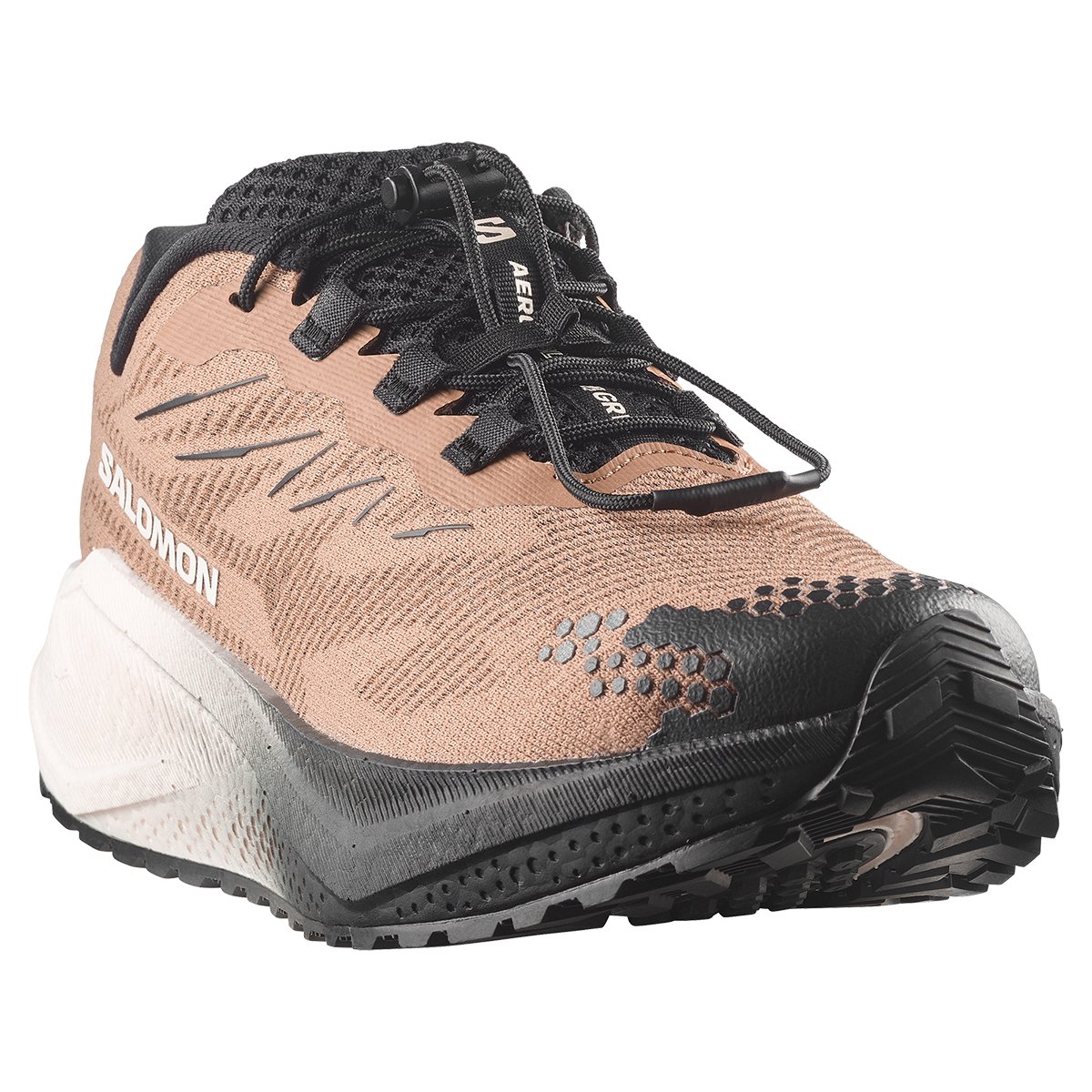 Salomon Aero Blaze 4 GRVL Running Shoe three-quarter front view showing mesh upper and lacing system