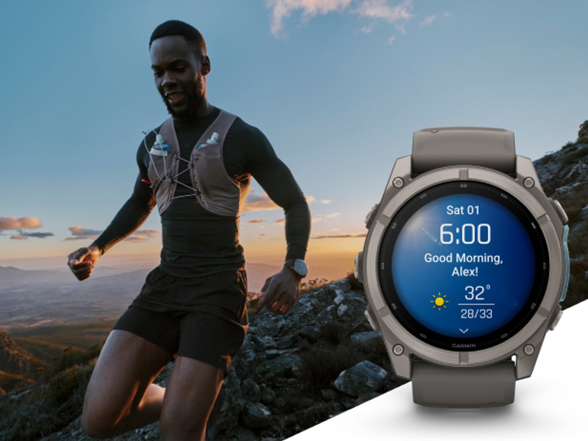 Trail runner on a mountain ridge at sunset wearing a running vest, alongside a product shot of the Garmin Fenix 9 in Titanium/Pebble Grey.