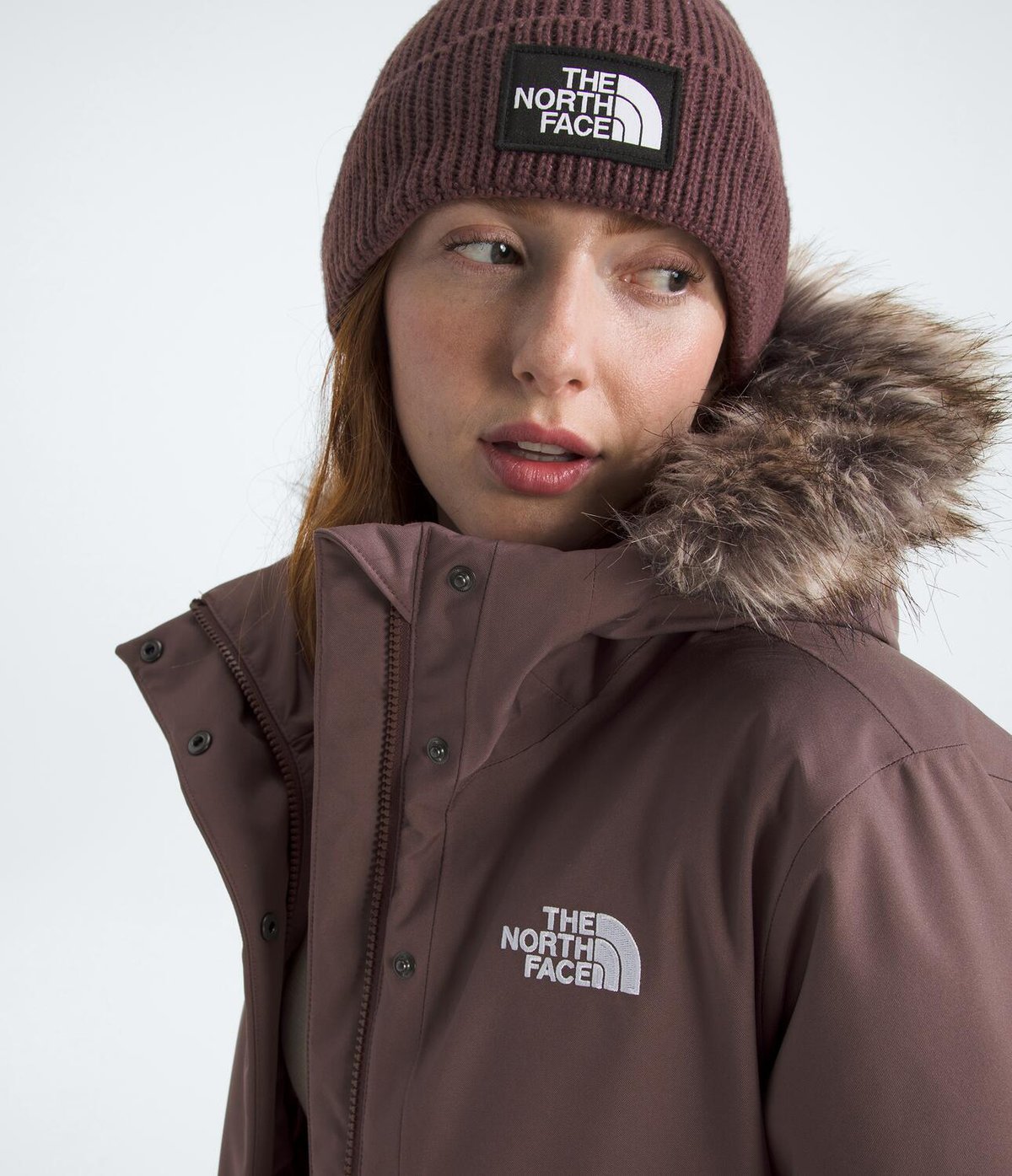 A closeup of the fur hood on the Arctic Down Parka