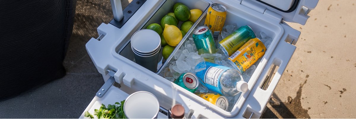 An open white Rovr cooler sitting on the ground contains ice, lemons, limes, canned drinks, a bottle of sparkling water, and cups, with chopped herbs visible nearby.