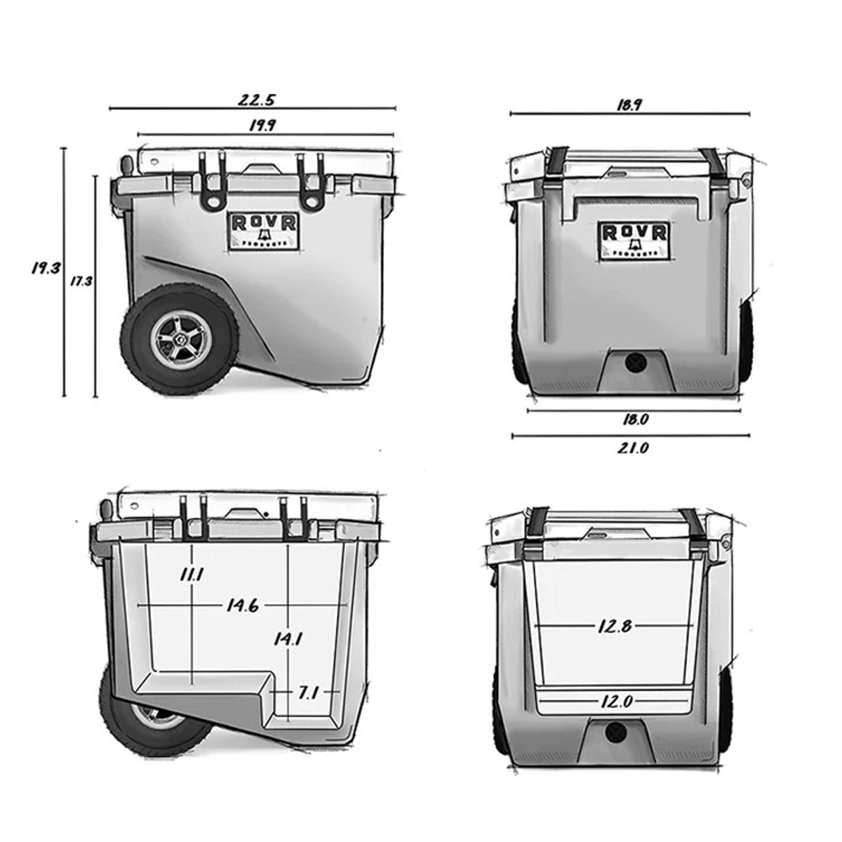 Technical diagram of the RovR RollR wheeled cooler with side and front views, showing exterior and interior dimensions. Exterior measurements include approximately 22.5 inches wide, 19.3 inches tall, and 21 inches deep, with interior storage measuring about 14.6 inches wide, 14.1 inches tall, and 12 inches deep. The diagram also shows the cooler’s wheel placement, lid latches, and interior step near the wheel well.