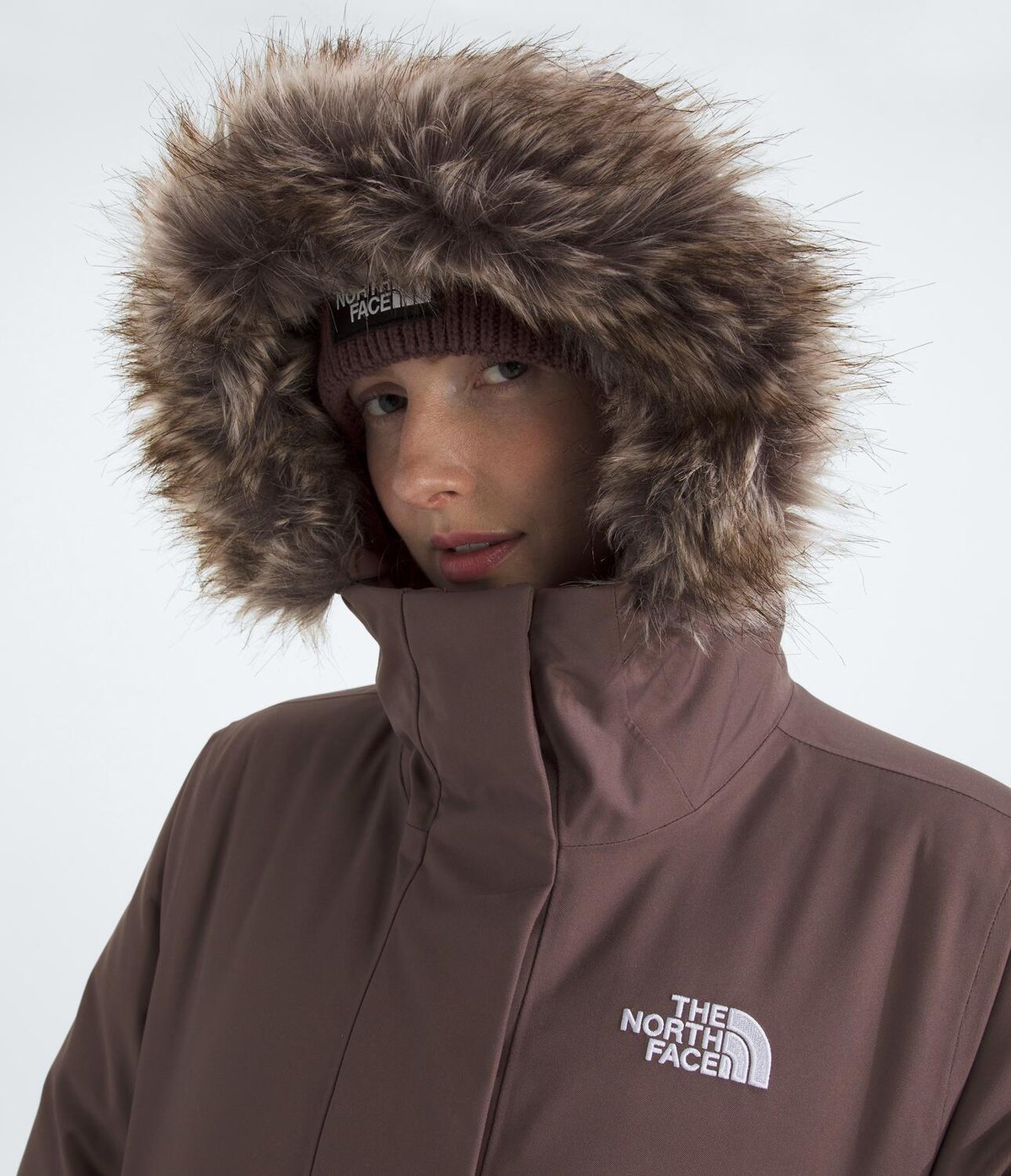 A front view closeup of the fur hood
