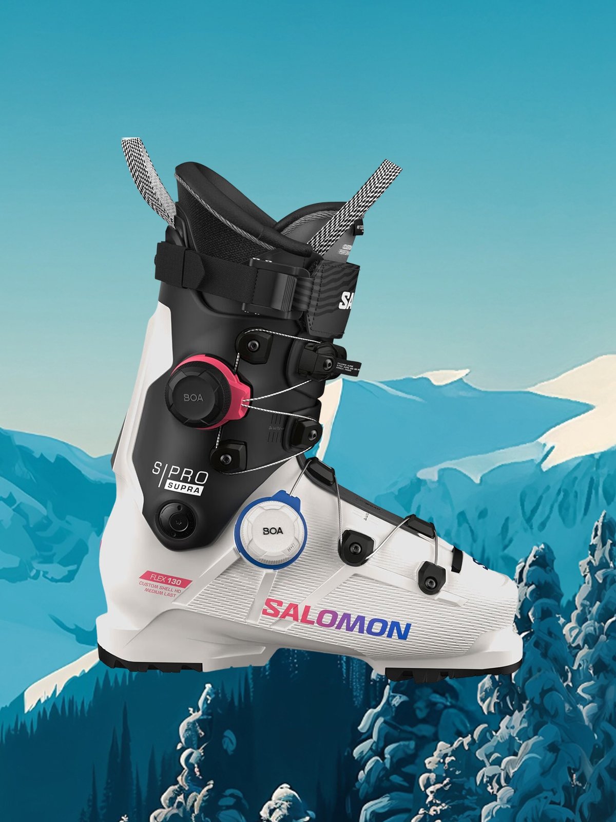 A Salomon S/Pro ski boot with dual BOA dials.