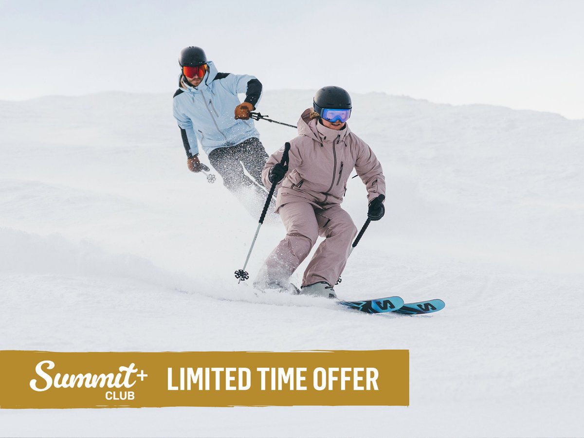 Two skiers carving through fresh snow. Summit+ Club limited time offer.