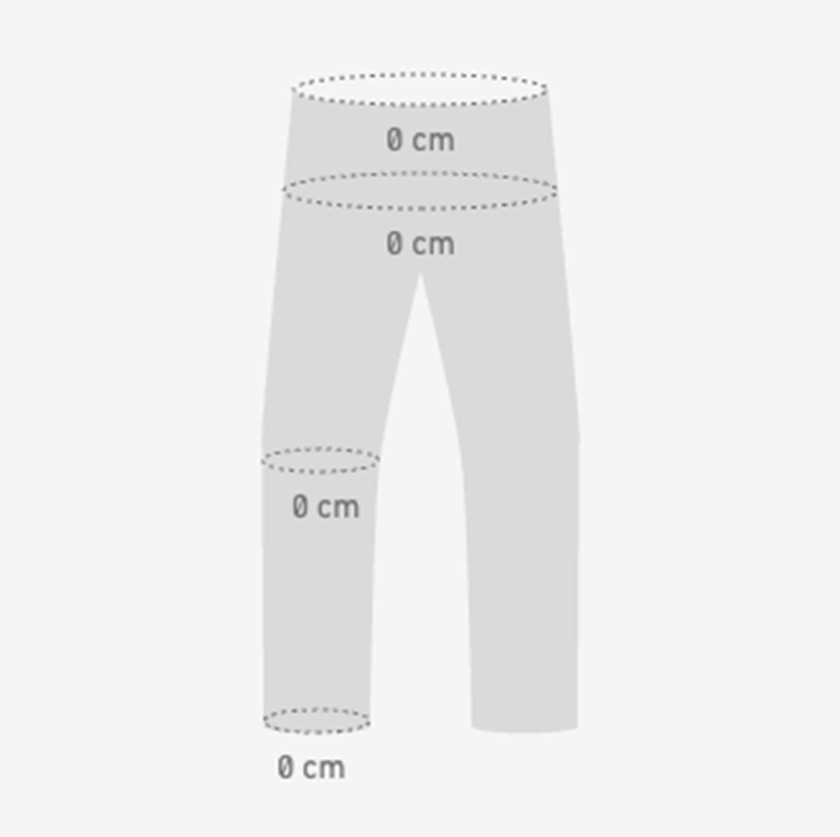A pair of pants with 0 cm around the waistband, 0 cm around the lower hips, 0 cm around the knee, and 0 cm around the cuff.