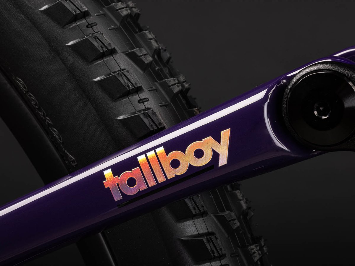 Close-up of the Tallboy's gloss purple carbon fiber chainstay, highlighting the iridescent logo and the frame's refined tube shaping.