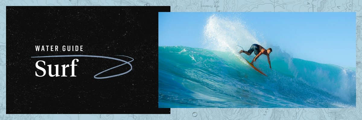 A surfer carves a wave. The words, “Water Guide, Surf” appear to the left.
