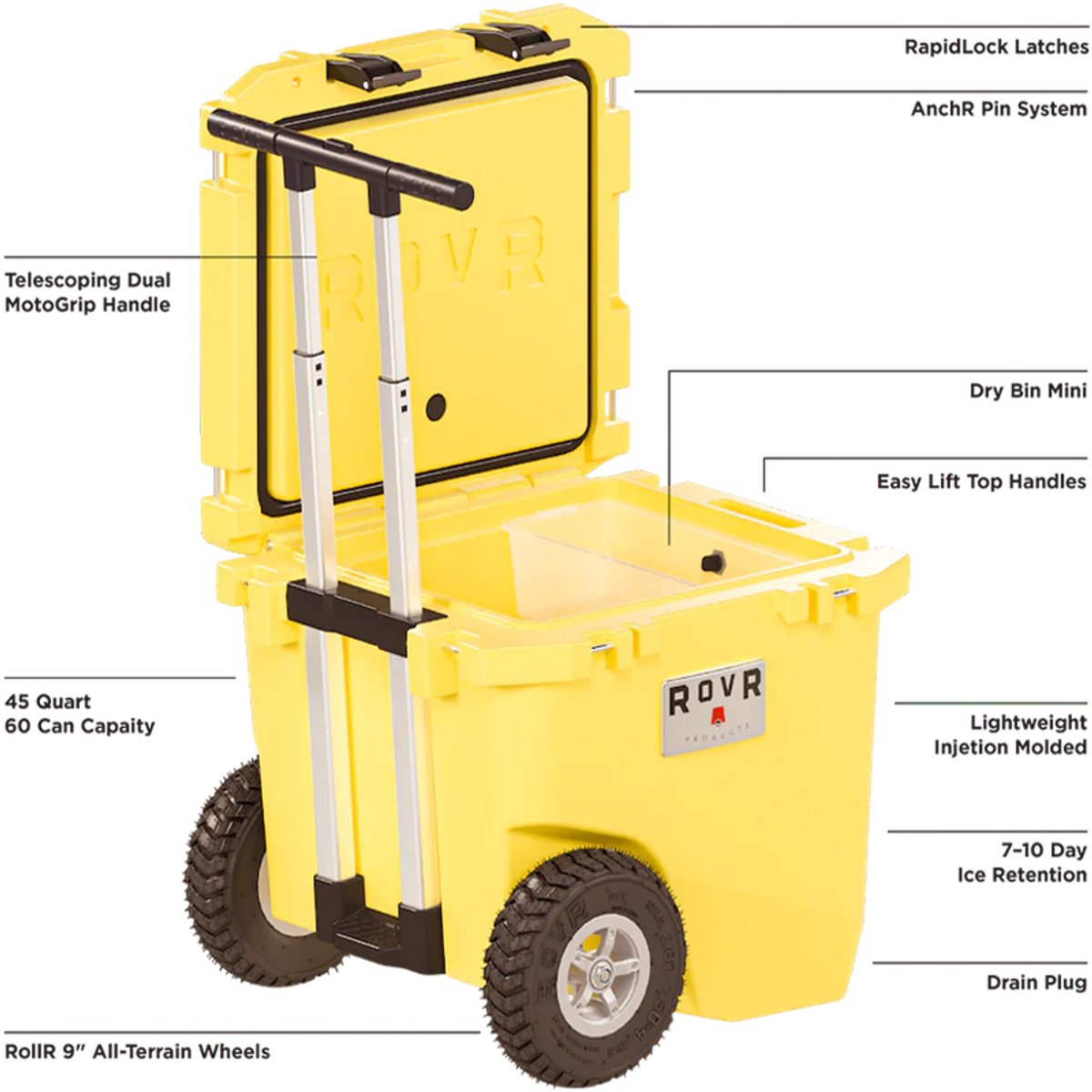 The RovR 45-quart cooler has RapidLock latches, an AnchR pin system, telescoping dual MotoGrip handle, a dry bin mini, easy lift top handles, 45 quart interior with a 60 can capacity, a lighweight injection molded body, 7-10 day ice retention, a drain plug, and Roll 9" all-terrain wheels.